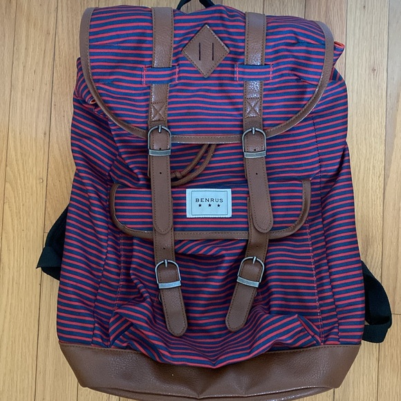 BENRUS Scout Backpack Large Red Blue Striped Leather Straps School Travel 19" - Picture 12 of 12